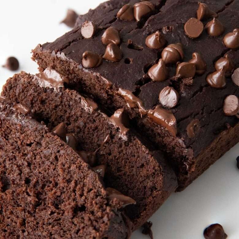 closeup of chocolate banana cake with chocolate chips