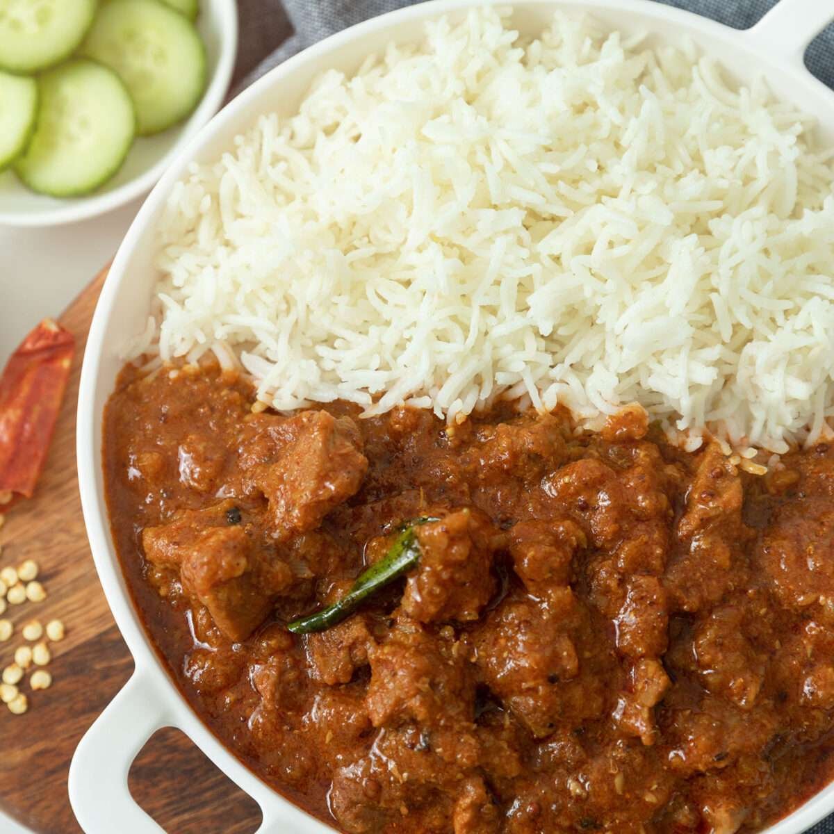 closeup of beef vindaloo spicy with rice